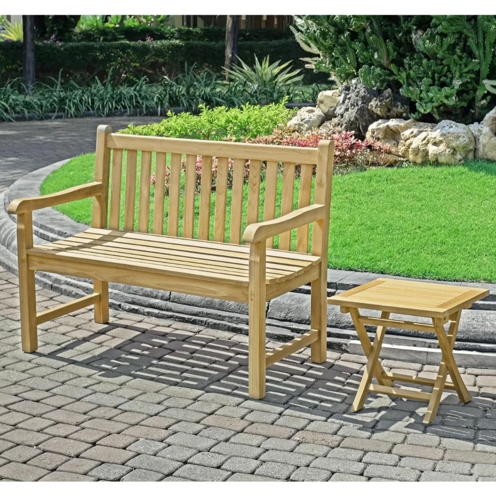 

A-Grade Natural Teak Bench Whith one Table - Outdoor Garden Bench with Curved Backrest & Arch Armrest, Patio Bench - All-Weather