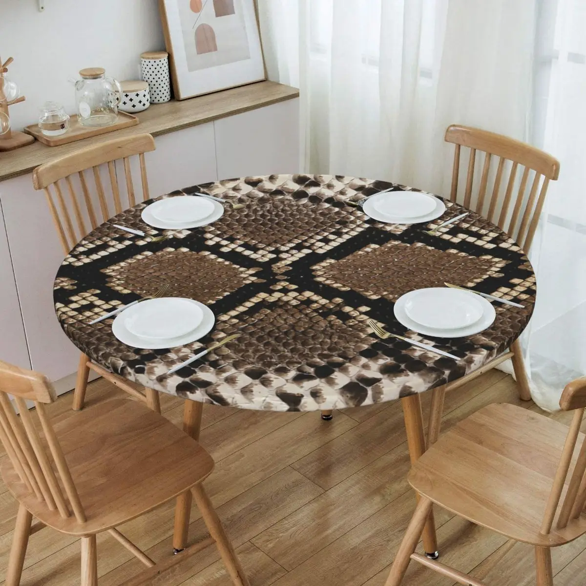 Snake Skin Print Tablecloth Round Fitted Waterproof Snakeskin Animal Texture Table Cover Cloth for Party