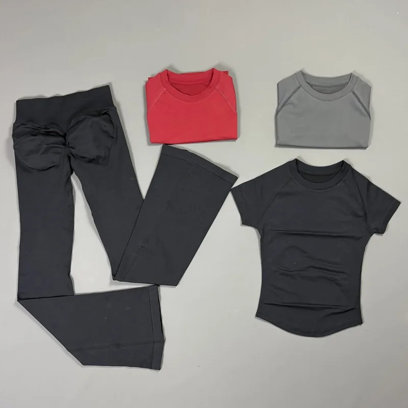 2 Pcs Gym Workout Outfit Women Short Sleeve Compression Top Butt Lifting Seamless Flared Leg Pants Pilates Training Running Sets