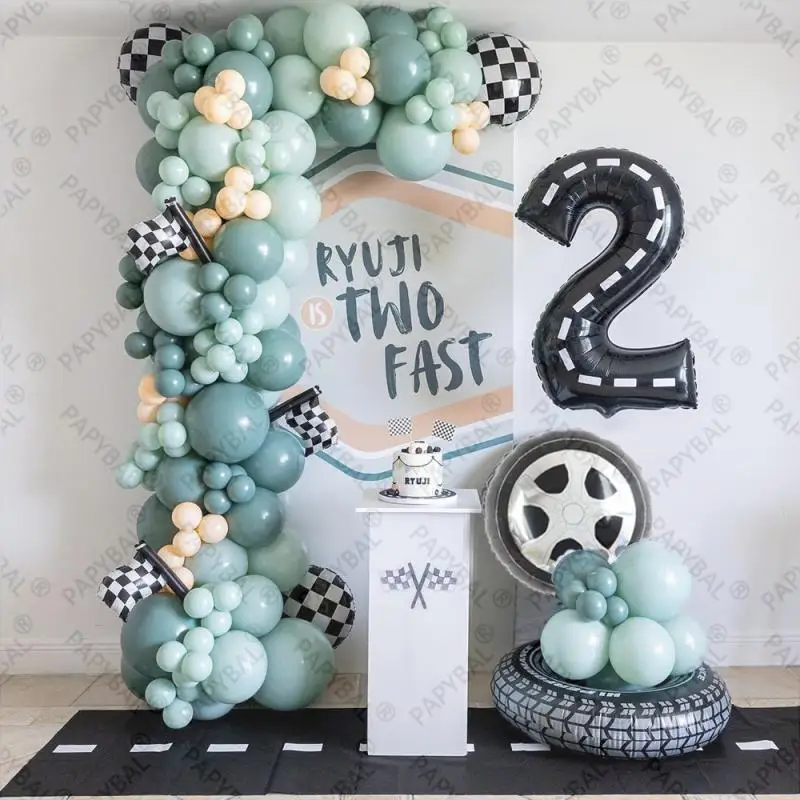 

132Pcs Run Fast Racing Car Teal Blue 40Inch Black Line Number Birthday Party Doubled Latex Balloons Arch Garland Kit Boys Gifts