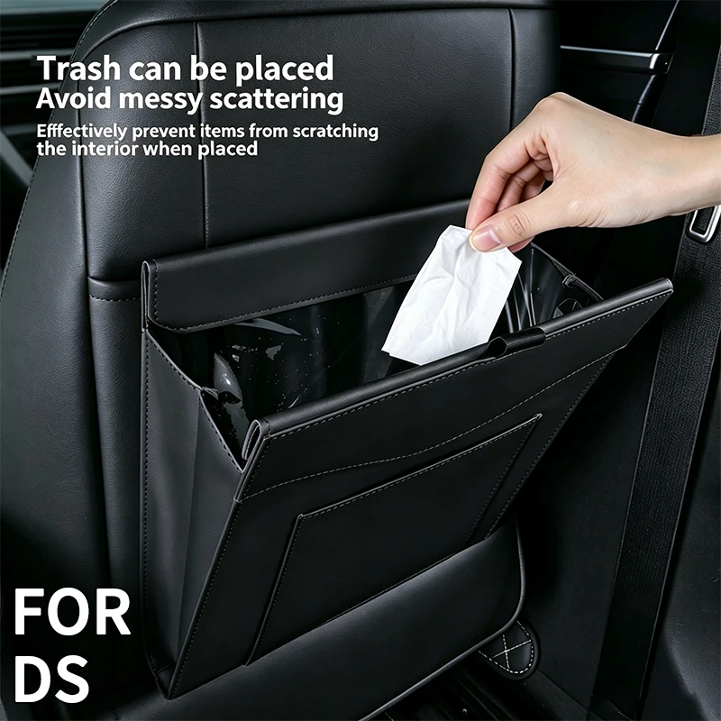 For DS Easy Clean Leather Car Trash Bag Foldable Front-Row Mounting Rubbish Bag Waterproof Organizer Accesorios Wet & Dry Use