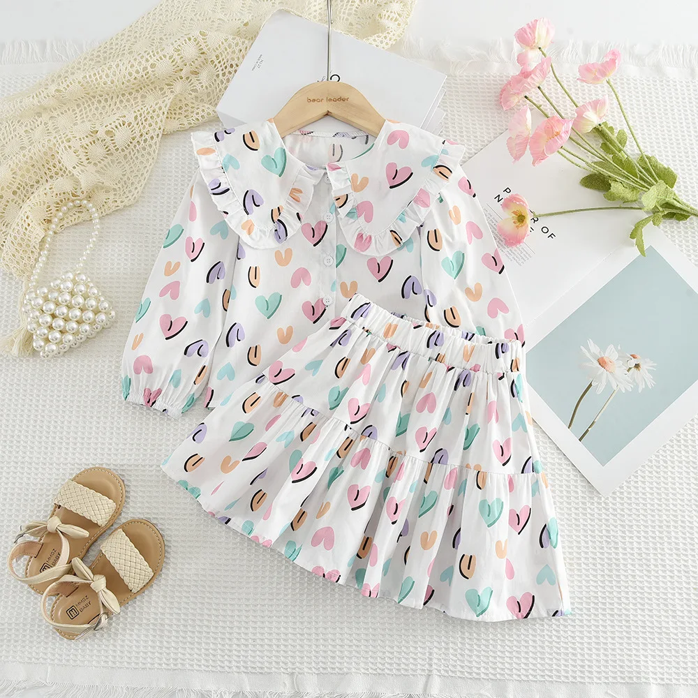 

new summer girl clothes 2pc/set top bow long sleeve shirt+ skirt children baby kids students fashion 90-130 2-6year lovely
