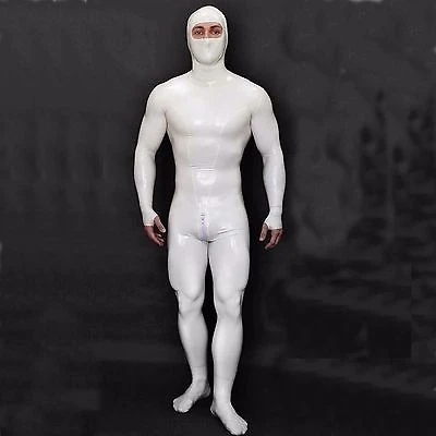 

Latex Rubber Fashion Man White Full-body Catsuit With Hood Size XS~XXL