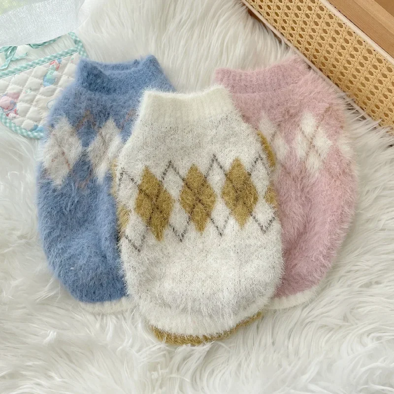 Pet Plush Sweater Pet Diamond Plaid Sweater Little Dog Senior Clothing Autumn and Winter Dog Coat Dog Clothes for Small Dogs