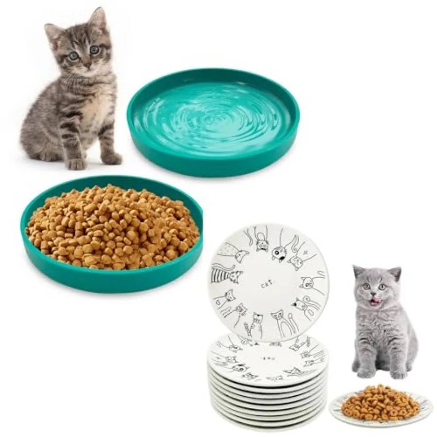 

Silicone Cat Food Bowls Set of 2 with 10 Pcs Ceramic Cat Bowl 5.9 inch Wide and Shallow Puppy Food Dish Cute Kitty Plates Relie