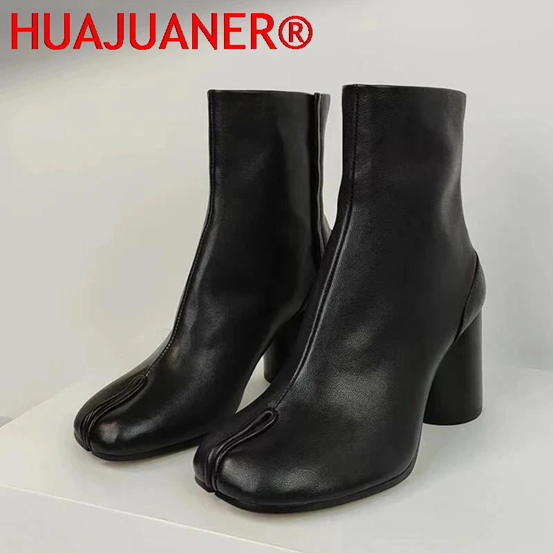 Autumn Winter Soft Leather Split toe Tabi Women Ankle Boots Fashion Thick High heels Chunky Shoes Ins Style Short Booties luxury