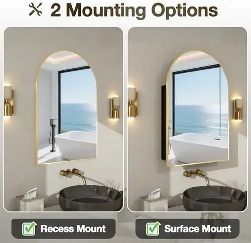 Arched Medicine Cabinet Mirror No Assembly Needed Bathroom Mirror with Storage Recessed or Surface Mount Options (Gold view 4