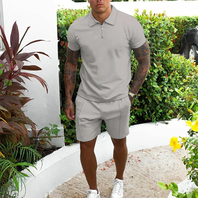 Summer Men's short sleeve suit Fashion solid color Casual Shorts sportswear short sleeve Shirt two-piece Men's suit