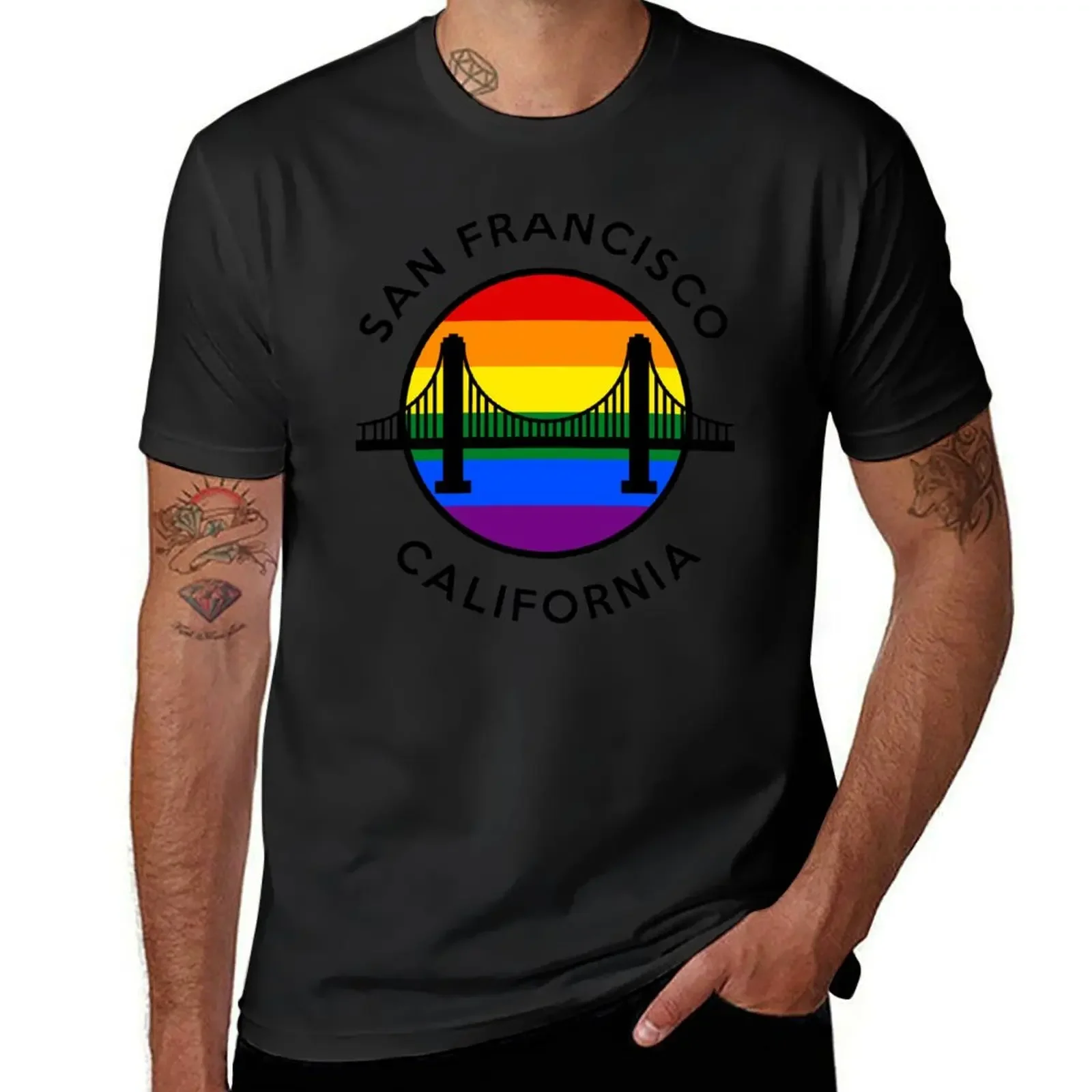 

GOLDEN GATE - RAINBOW ROUND SF CA - D2BLACK T-Shirt Short sleeve tee anime t shirts mens clothes