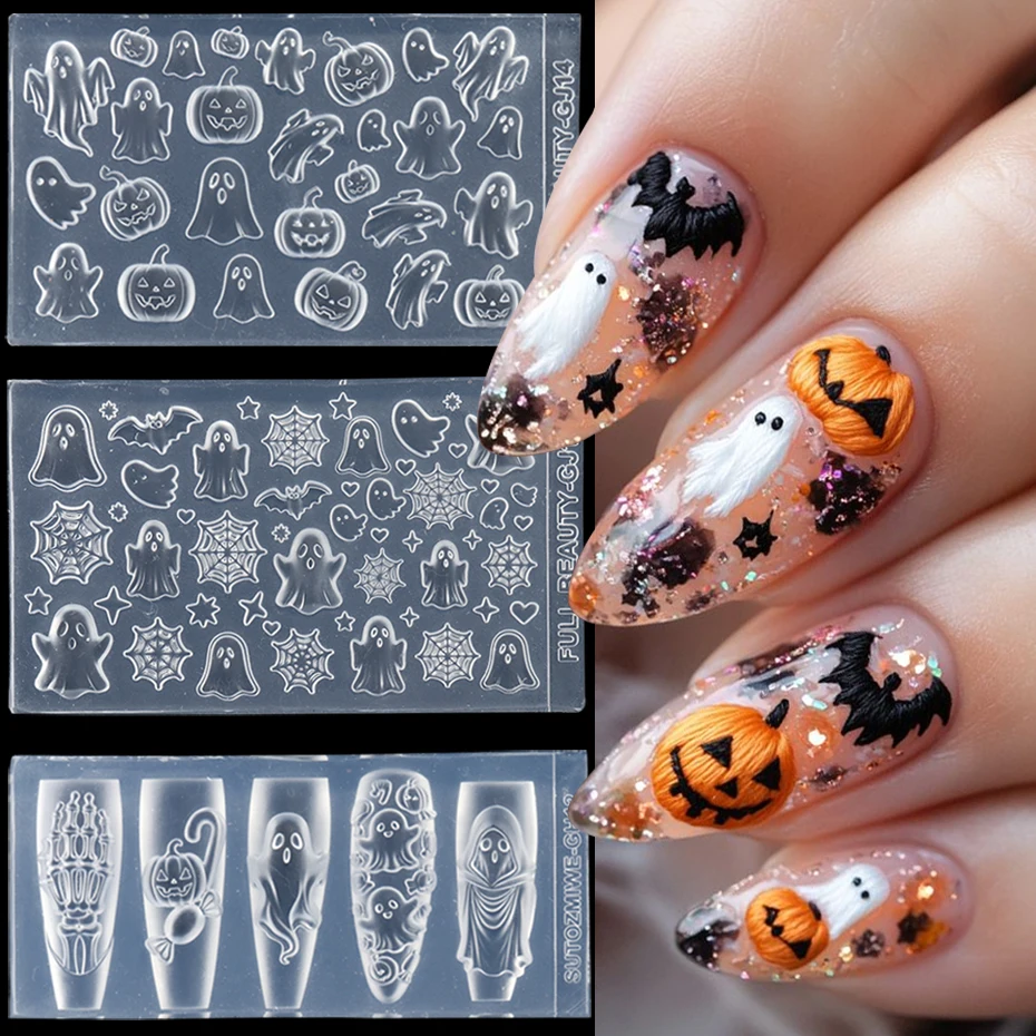 1 pcs Cartoon Kawaii Ghost Nail Molds Horror Pumpkin Spider Web Skeleton Hand Nail Templates Y2K Halloween Manicure Tools