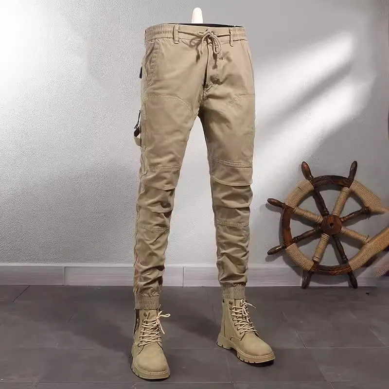 Calça casual masculina, jeans grife emendado, calça de perna larga, streetwear, corredores hip hop, cáqui, preta, moda de rua