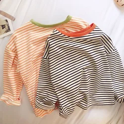 Boys and Girls Striped Long Sleeves T-shirt Spring and Autumn New Children's Cotton Casual Loose Bottom Shirts Korean Tops