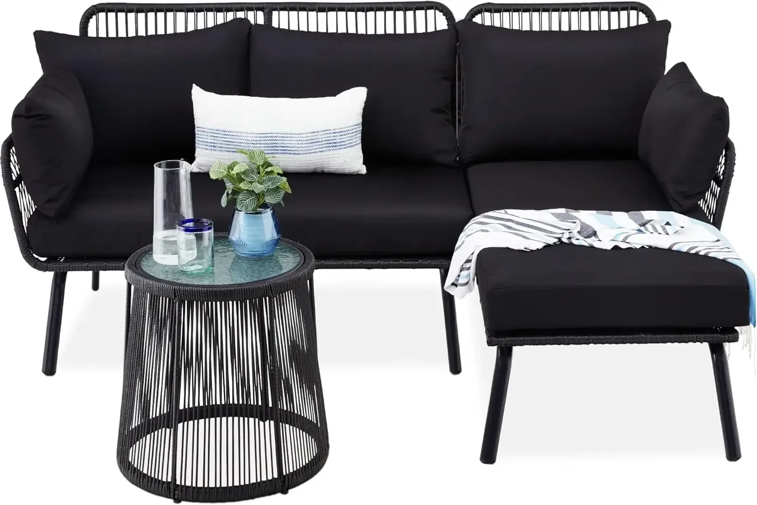 Outdoor Rope Woven Sectional Patio Furniture L-Shaped Conversation Sofa Set ,Detachable Lounger, Side Table - Black