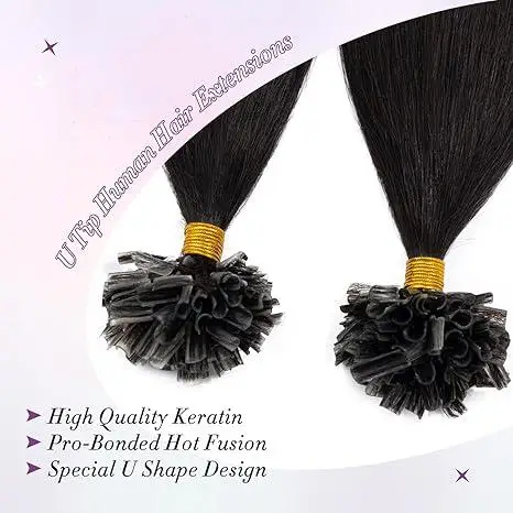 U Tip Hair Extensions - Real Human Hair Pre-Bonded Keratin Hot Fusion Extensions - Natural Black Remy Straight Silky Hair