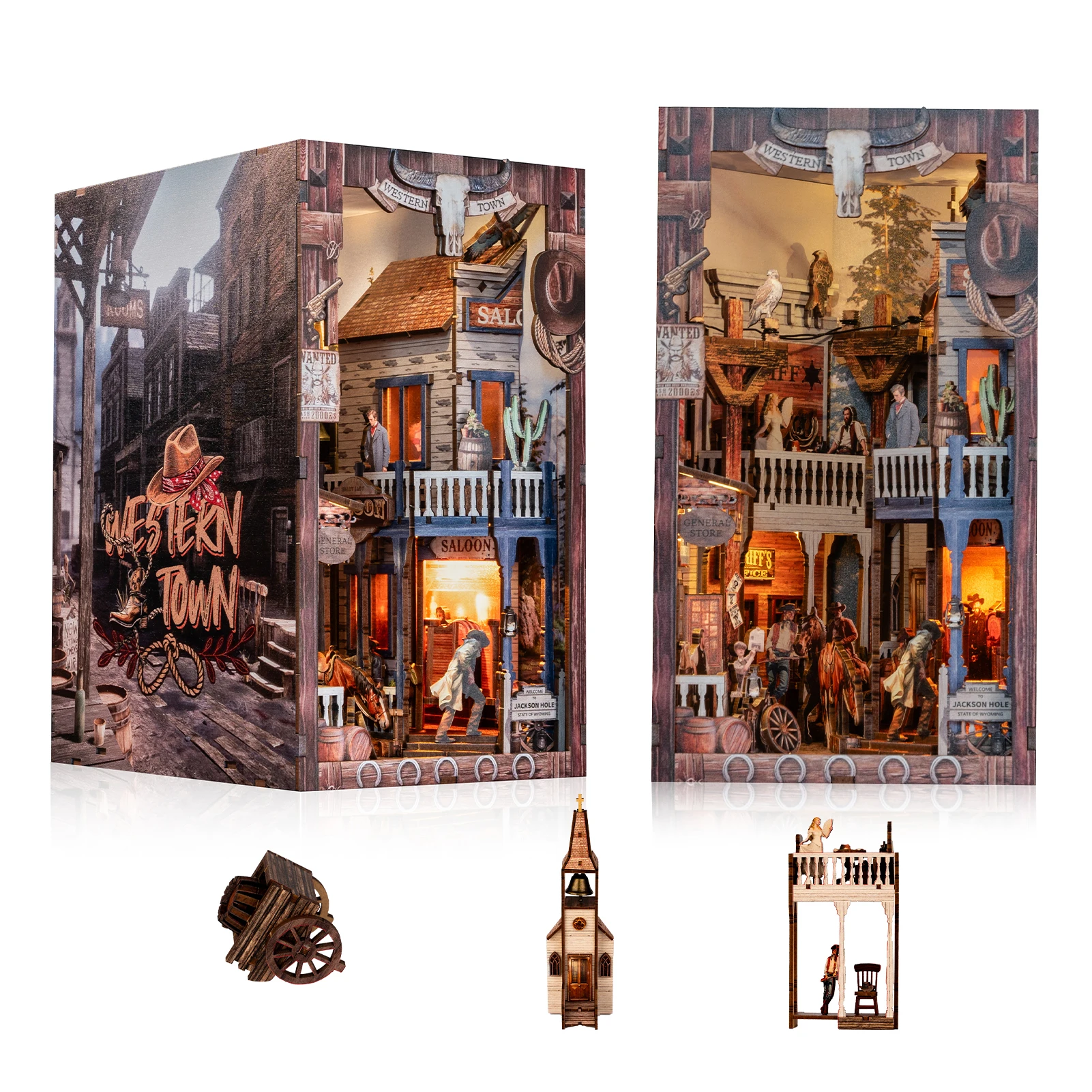 

DIY Book Nook Wooden Miniature Model Kits Western Town Bookend 3D Puzzle with Light Bookshelf for Friend Birthday Gifts