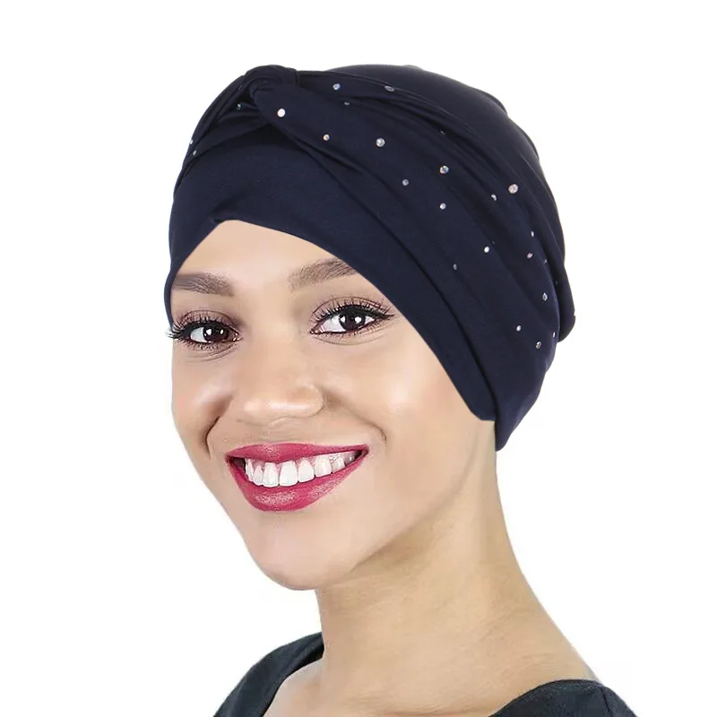 KepaHoo Women Turban Hats Stretchy Solid Knot Rhinestone Cancer Chemotherapy Chemo Beanies Cap Headwrap Plated Hair Loss Cover