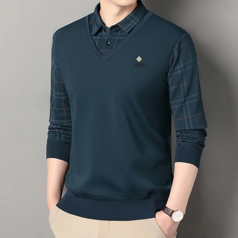 Winter Velvet Sweater Men\'s Business Pullover Polo Neck Sweaters Fake 2 Piece Fashion Korean Business Causal Pullovers