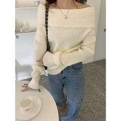 Elegant Sweater Female Gray Shoulder Thickened Temperament  Autumn And Winter Clavicle Off-The-Shoulder Sweater Niche Slim Wear