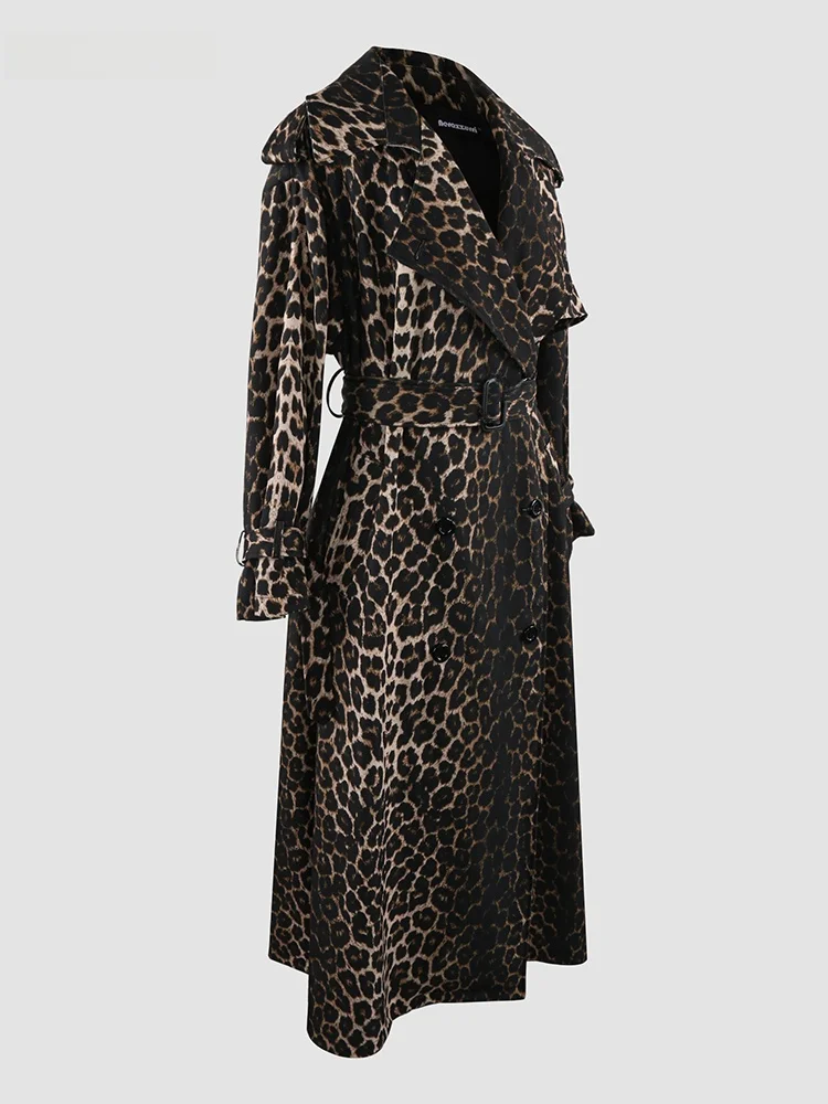 Nerazzurri Oversize Long Coat Leopard Print Korean Style Commute Windbreaker Polyester Fiber Double Button Pocket Detail