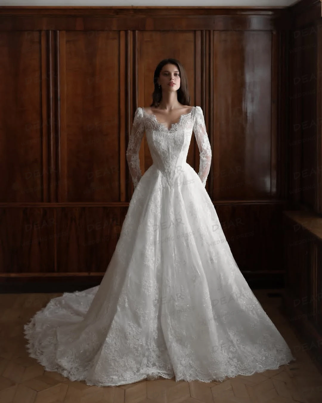 Luxuriöse Brautkleider mit sexy Schleppe, A-Linie, langen Ärmeln, Applikationen, Boho-Stil 2026 – Maßanfertigung