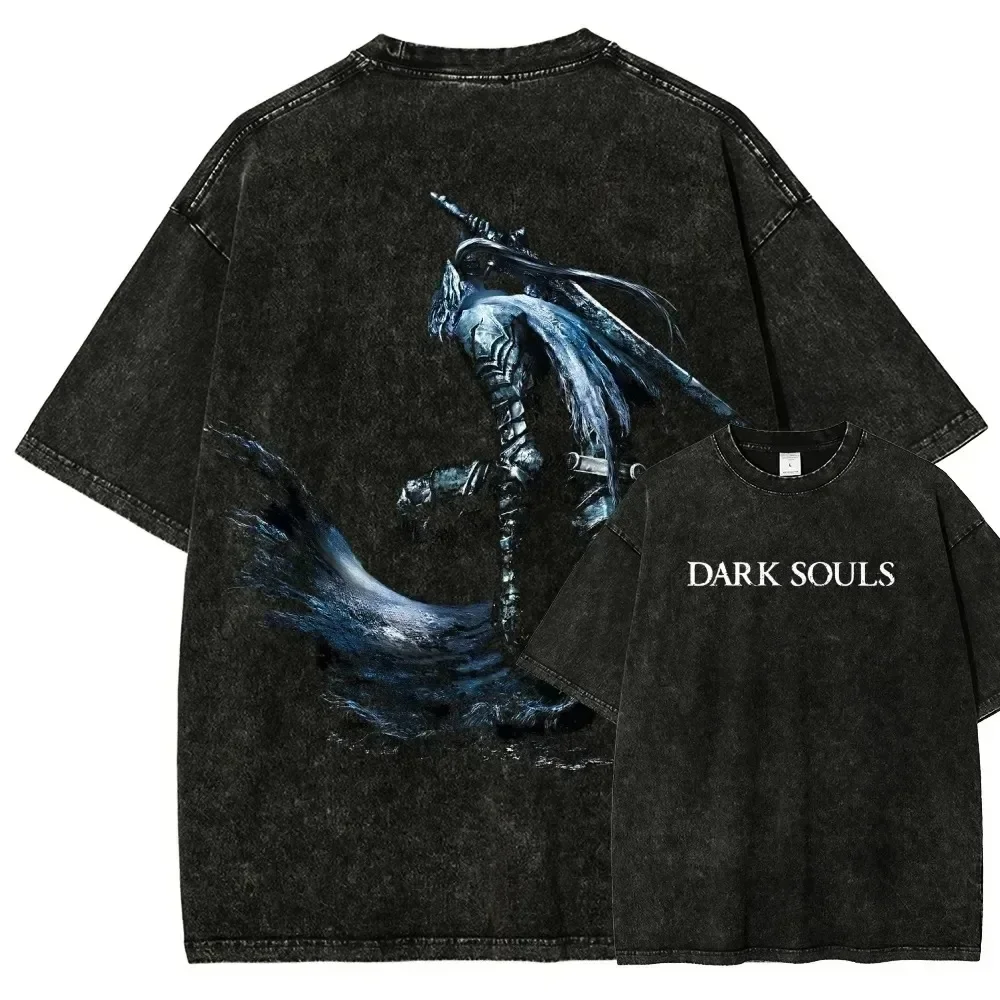 Dark Souls Washed T-Shirt, Personalized Apparel, Four-Season Loose Fit, Unisex Y2K Short Sleeve, Classic Casual Summer Style