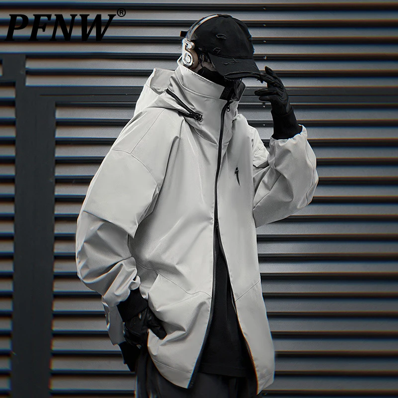 

PFNW Hidden Hooded Jacket Men's Casual Stand Up Collar Zipper Coat Trendy Black Grey Loose Fit Overcoat 2024 Autumn New 12C1377