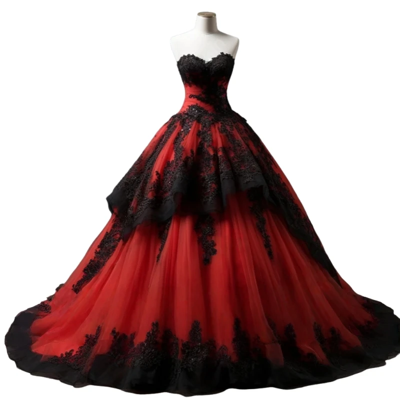 Maßgeschneiderte rote und schwarze Gothic-Hochzeitskleider, Spitzenapplikationen, abgestuftes Ballkleid, Vintage-Brautkleid, herzförmiges Schnürkorsett