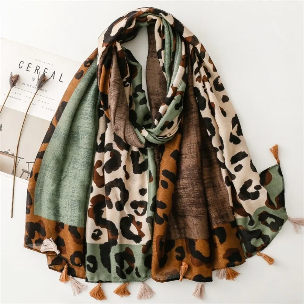 Decorative Color Block Leopard Print Scarf Tassel Cotton Linen Texture Large Wrap Shawl Patchwork Warm Shawl Daily Outfit