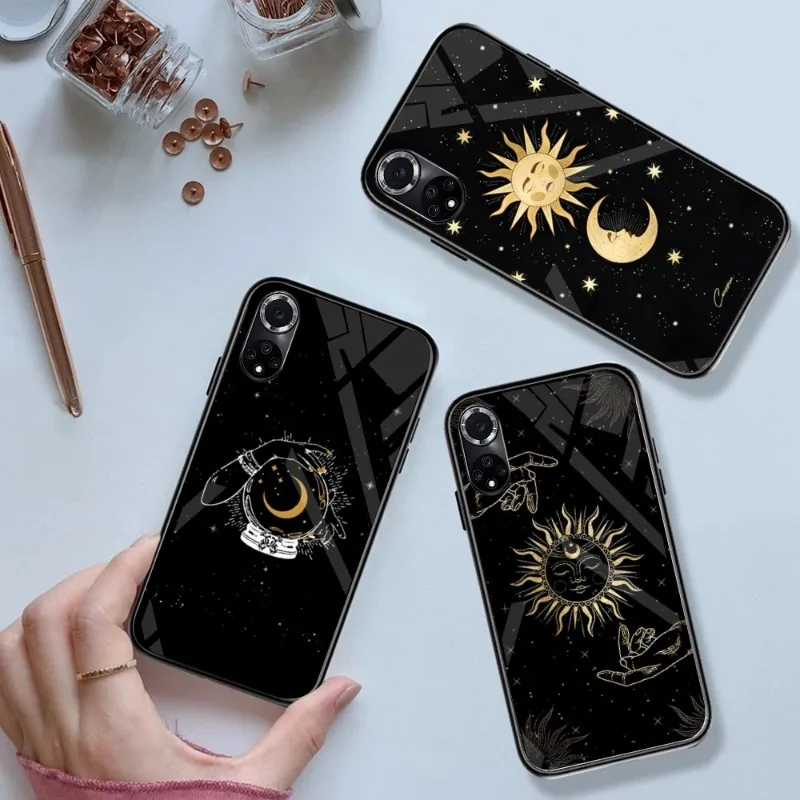 Funny Sun Moon Face Phone Case Tempered Glass For Huawei P 40 30 20 10 Pro Plus P50 P9 P Smart 2019 2021 P Plus Smart Z Soft TPU