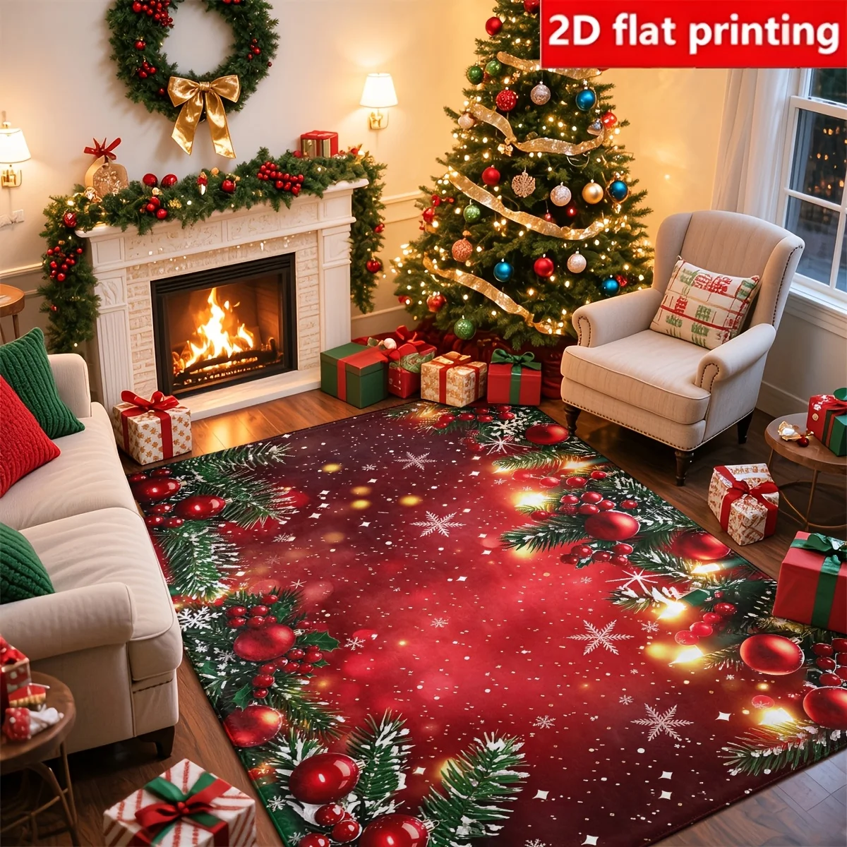 1pc 2D Flat Christmas Bauble Pine Branch Snowflake Printed Floor Mat, Decorative Rug for Living Room, Bedroom, Home