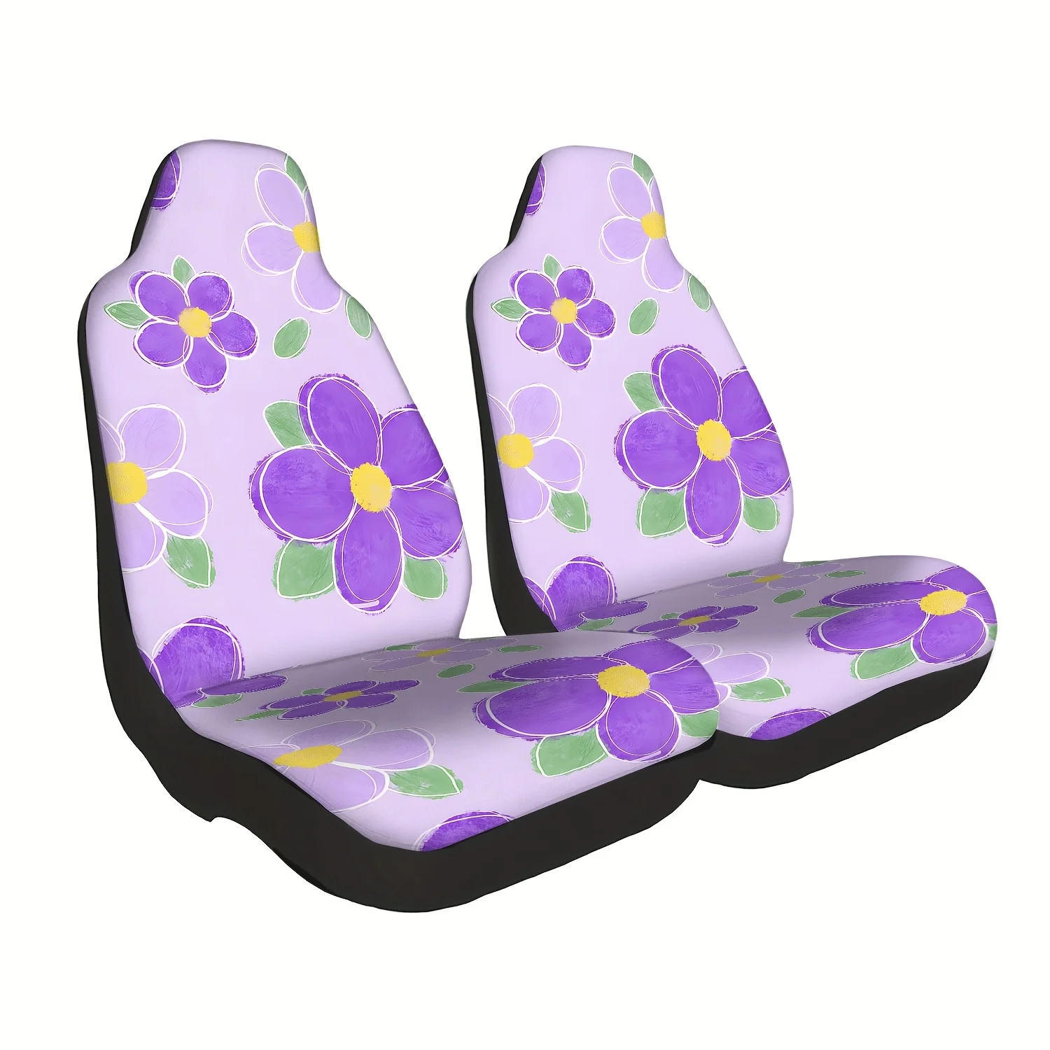 Set Of 2 Purple Floral Patterned Car Seat Covers, Cute Interior Additions For Front Seats, Suitable For Cars, Trucks, Vans, Suvs