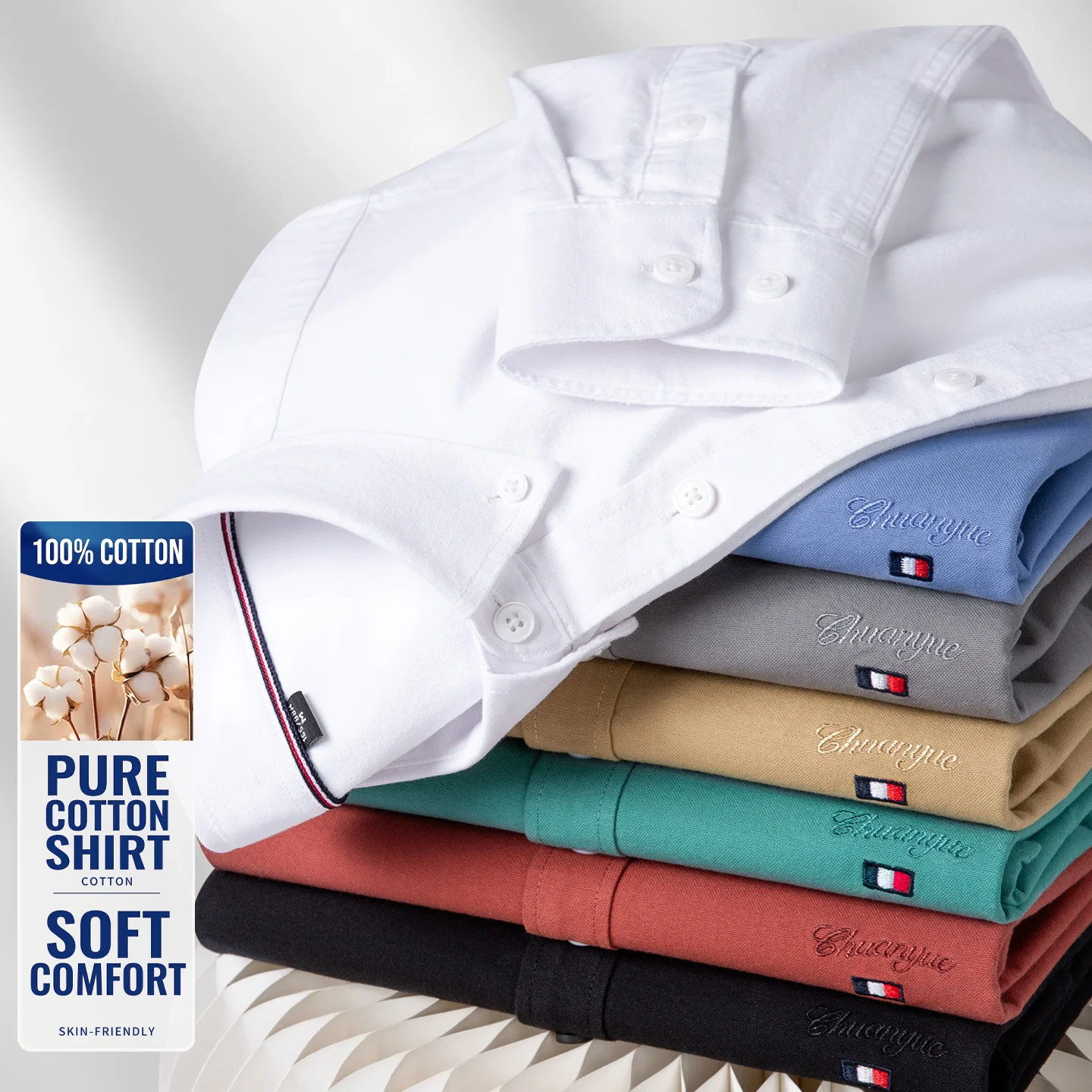 

Men 100% Cotton Oxford Shirt Long Sleeve Solid Color Button Down Collar Casual Business Anti-wrinkle Breathable Tops