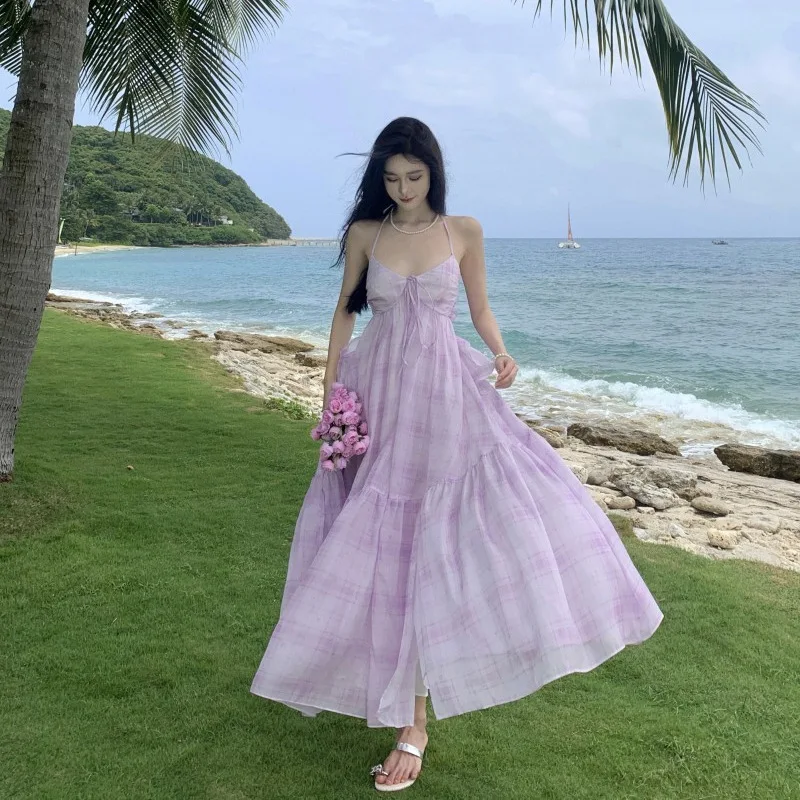 Fengxin Purple Mint Green V-neck Hanging Neck Strap Dress Long Dress Summer Beach Vacation Fairy Dress