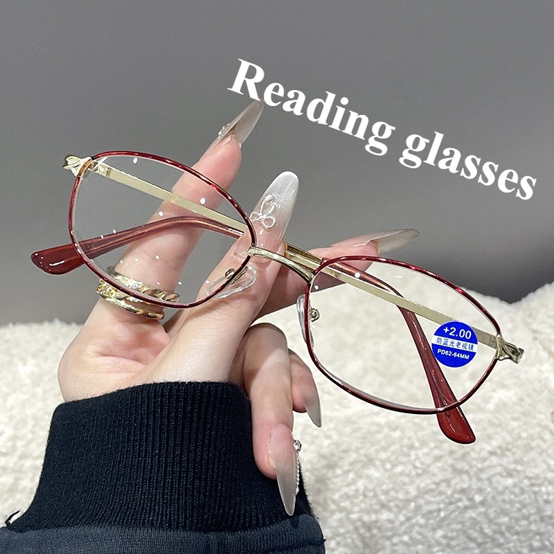 Modische Damen-Lesebrille, Anti-Blaulicht-Presbyopie-Brille, Presbyopie-Brille für ältere Menschen, rote Brille mit Metallrahmen