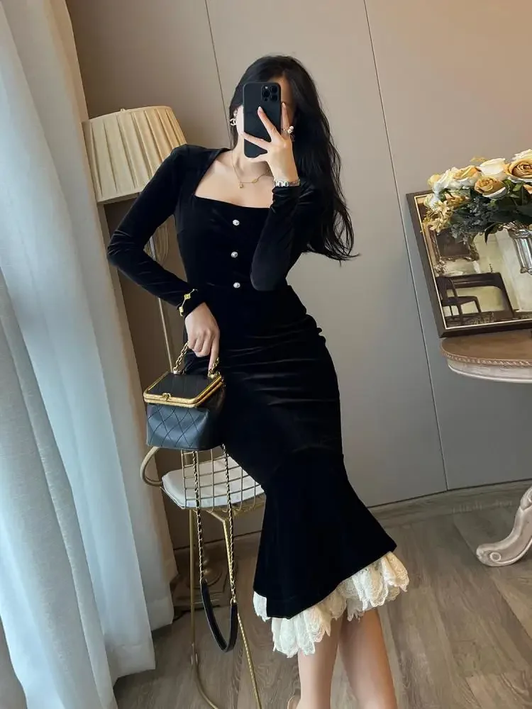 French Black Lace Patchwork Square Neck Wrap Hip Fishtail Dress Autumn Women Vintage Slim Evening Party Velvet Long Dresses 2024