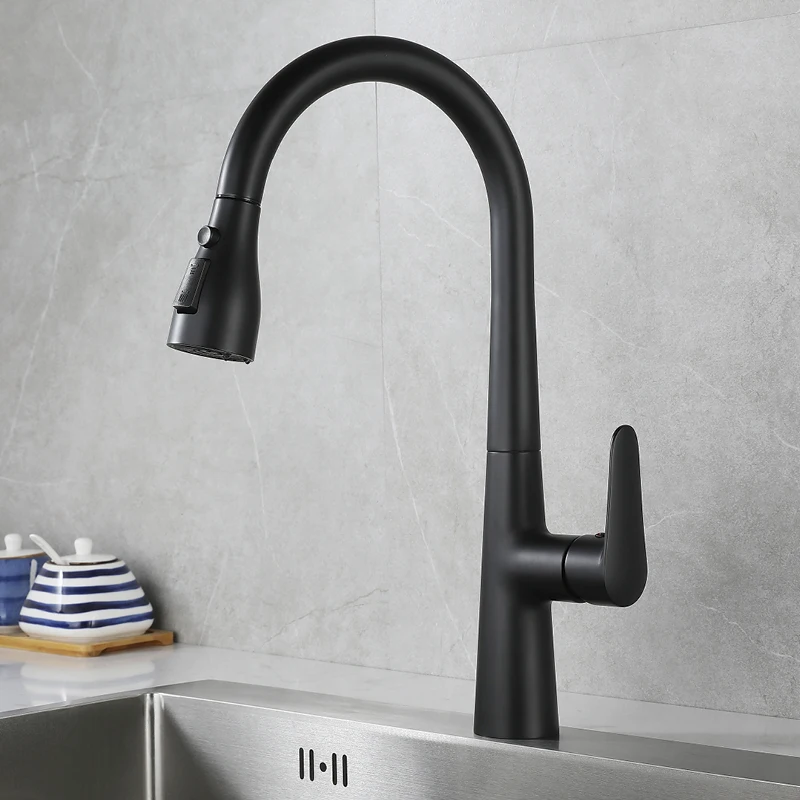 One Hole Kitchen Pull Down Faucet Deck Mounted 3 Modes Vessel Sink Faucets Modern Single Handle Kitchen Cold Hot Mixer Tap Black