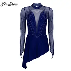 Women Long Sleeve Figure Skating Leotard Dress Sheer Mesh Rhinestone Ballet Dresses Dance Gymnastic Training Performance Costume