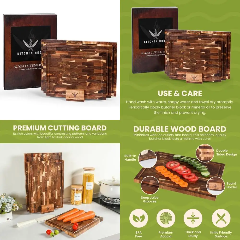 

3-Piece Acacia Cutting Board Set, Dual-Sided, Knife Friendly, with Holder, Built-in Handles, and Juice Grooves | Non-Toxic Kitch