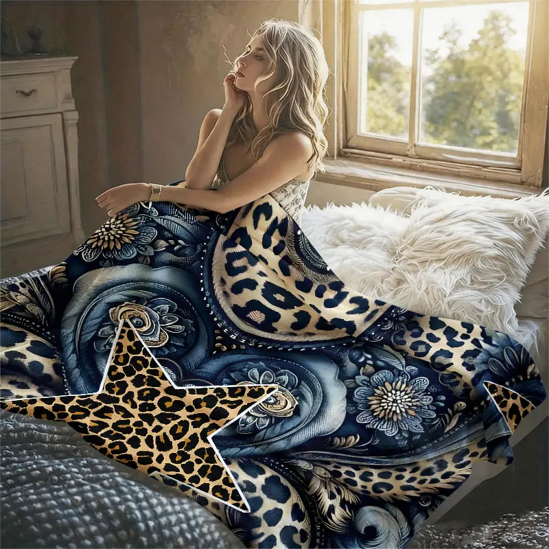 Leopard Stars Baroque Blue Flannel Blanket Perfect for Sofa Office Bed Travel Sleep Read Relax Camping Four Season Use