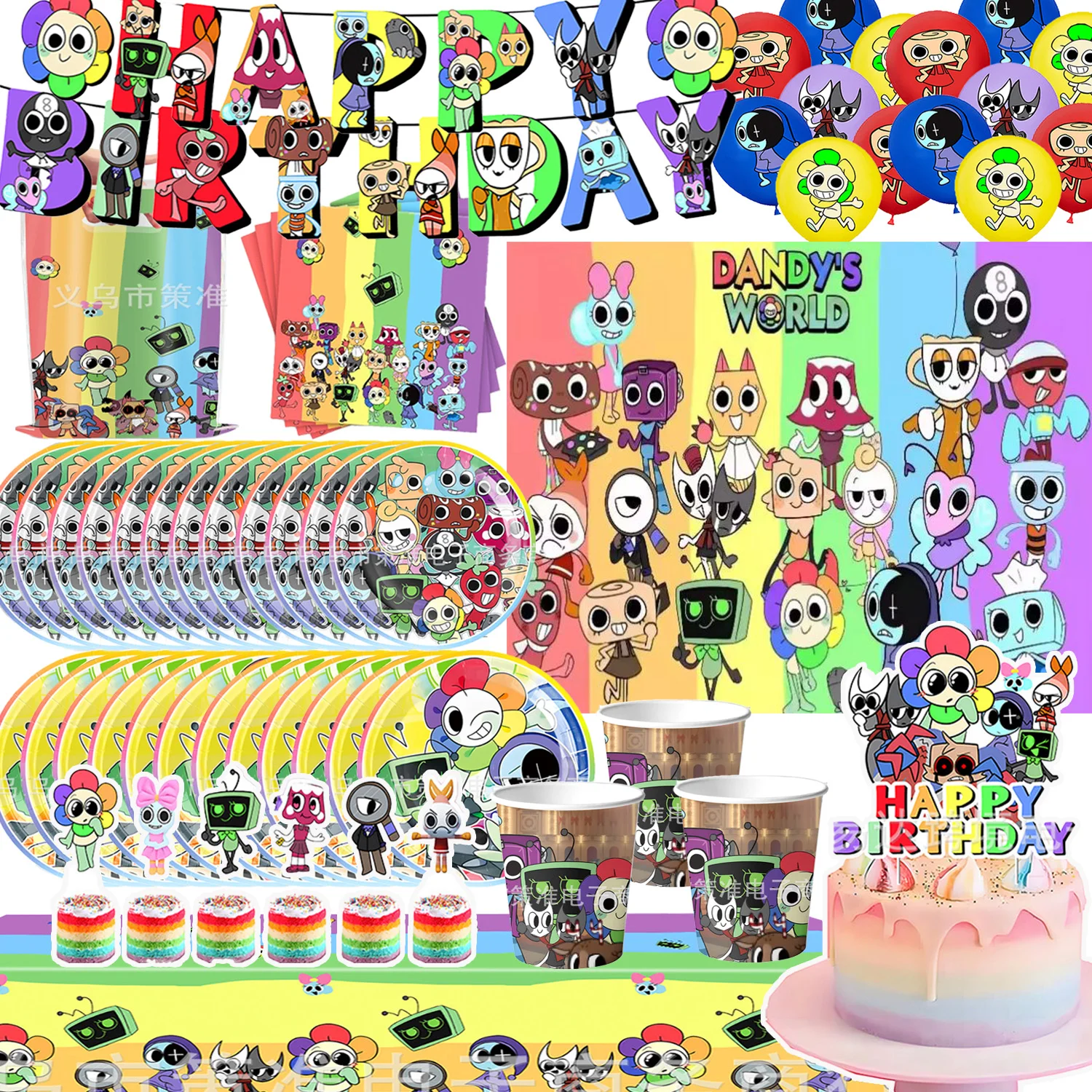 artigos-de-festa-cartoon-dandy-world-kit-completo-com-banner-pratos-copos-guardanapos-e-cenario-para-decoracao-de-aniversario-infantil-de-meninos