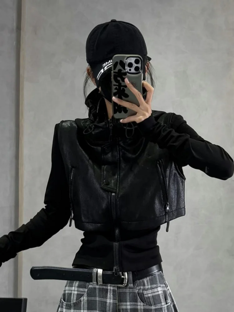 

Women's Slim Fit Hooded Jacket Spring Autumn Fashion Faux Leather Long Sleeve Sweatshirt Versatile Two piece Set