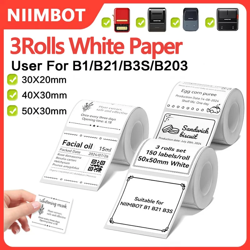 3 Rolls White Self-Adhesive Thermal Label Stickers Waterproof Oilproof Tear-Proof Label Paper Compatible With NIIMBOT B1 B21 B3S