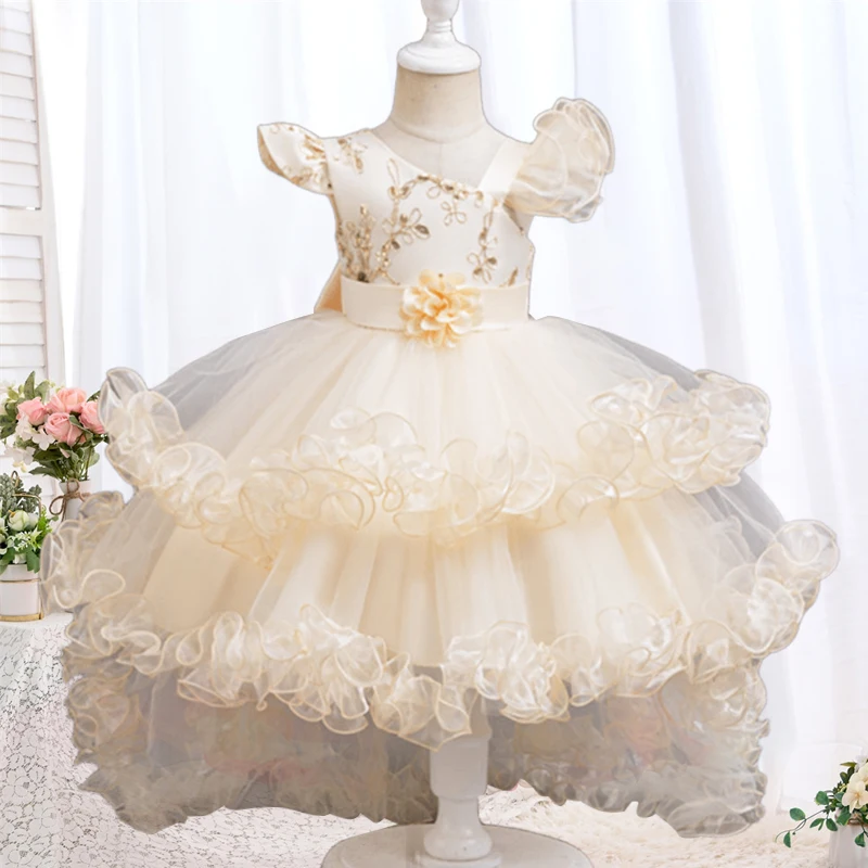 Elegant girl chiffon Christmas party dress embroidered one shoulder cake puffy dress 2024 new girl trailing wedding dress