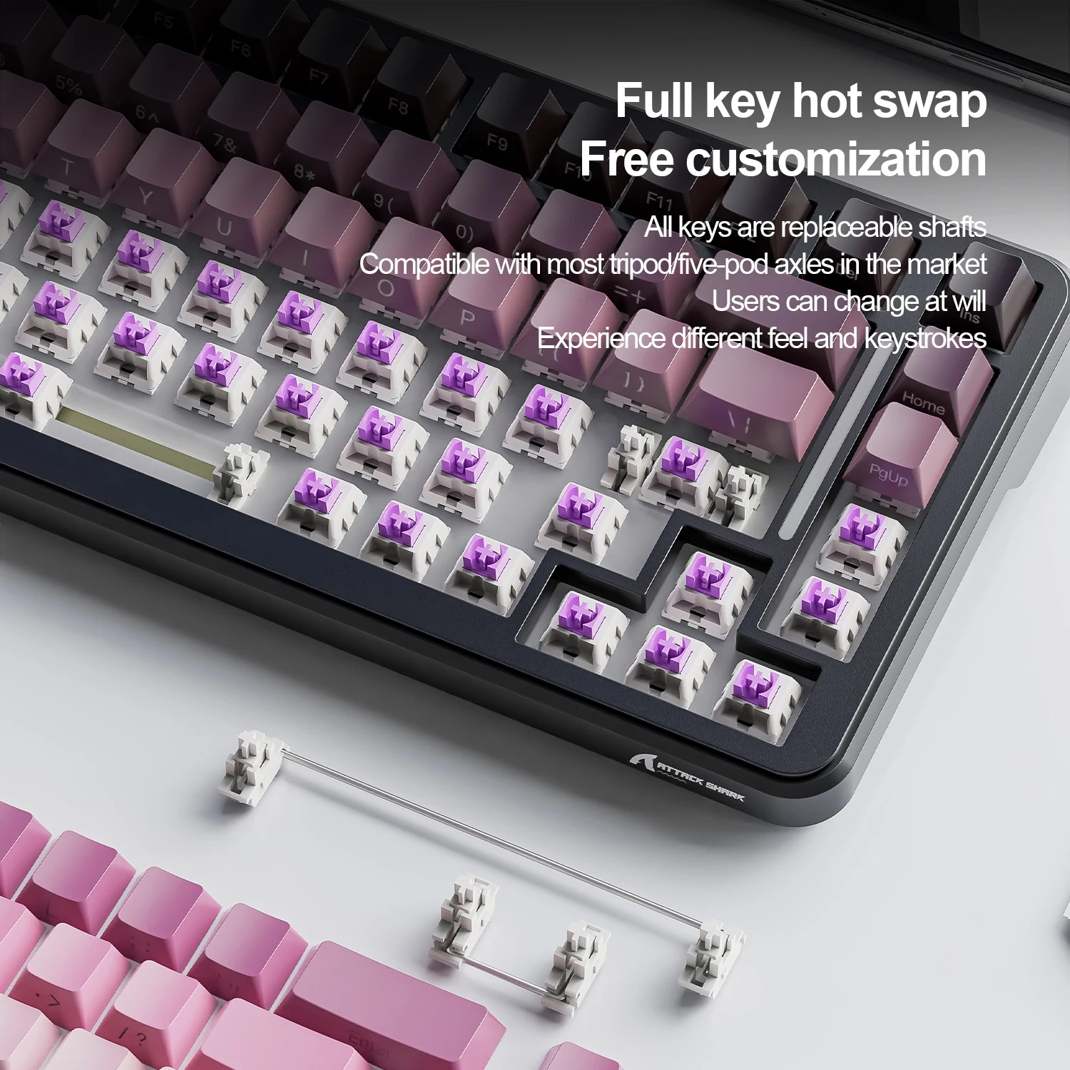 Ataque tubarão m86 teclado mecânico óptico gravado lateralmente, corpo de interruptor permutável, bluetooth/2.4g/com fio, três modos rgb