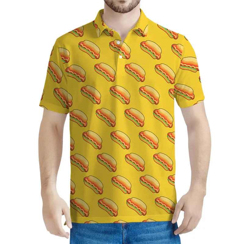 Cartoon Sandwich Hot Dog Graphic Polo Shirt Men Summer 3D Printed Food Tee Shirts Button Short Sleeves Street Lapel T-Shirts