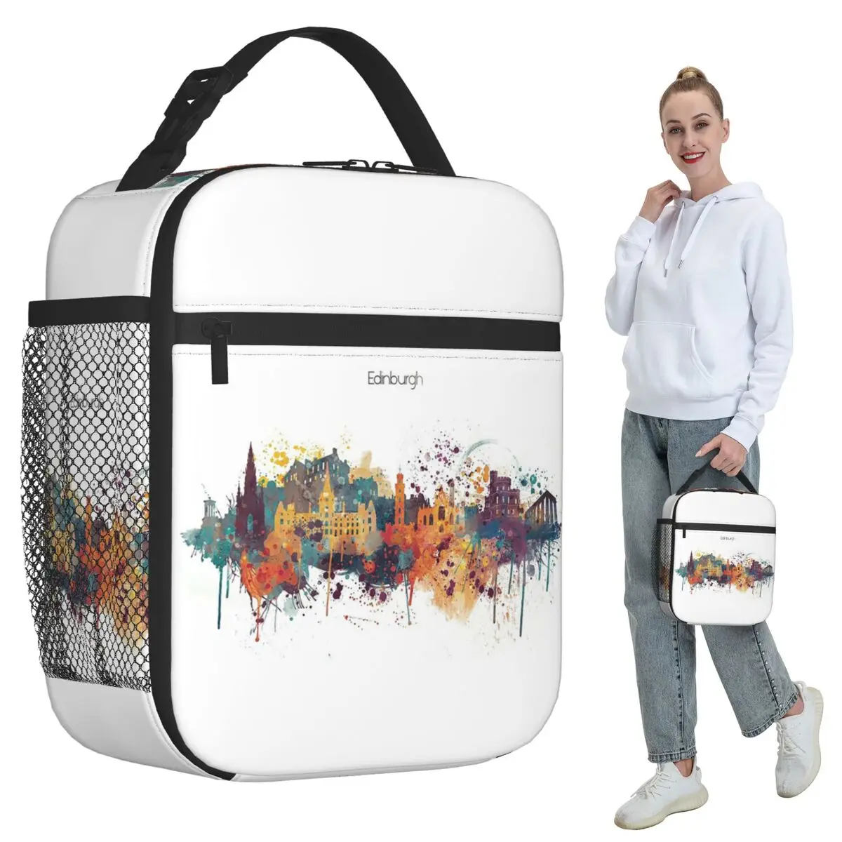 Edinburgh Watercolour Skyline Insulated Lunch Bag for Women Office Cooler Thermal Food Box Tote Portable Lunch Boxes Container