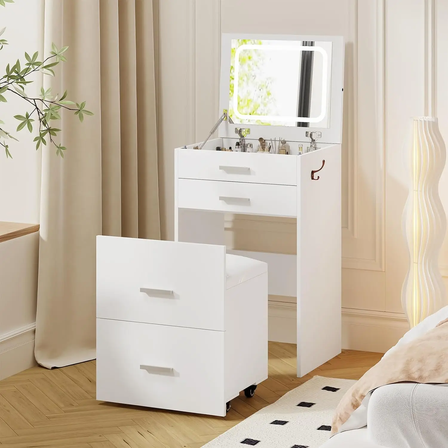 

3 in 1 Vanity Desk, Compact Vanity with 3 Drawers, Makeup Desk with Flip-up 3 Colors Lighting Mirror and Cushioned Stool, Small
