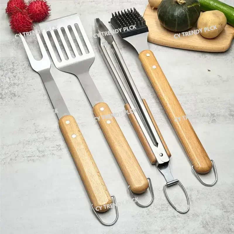 Beech Handle Grill Fork Shovel Clamp Brush Combo Outdoor Barbecue Set Stainless Steel Tools