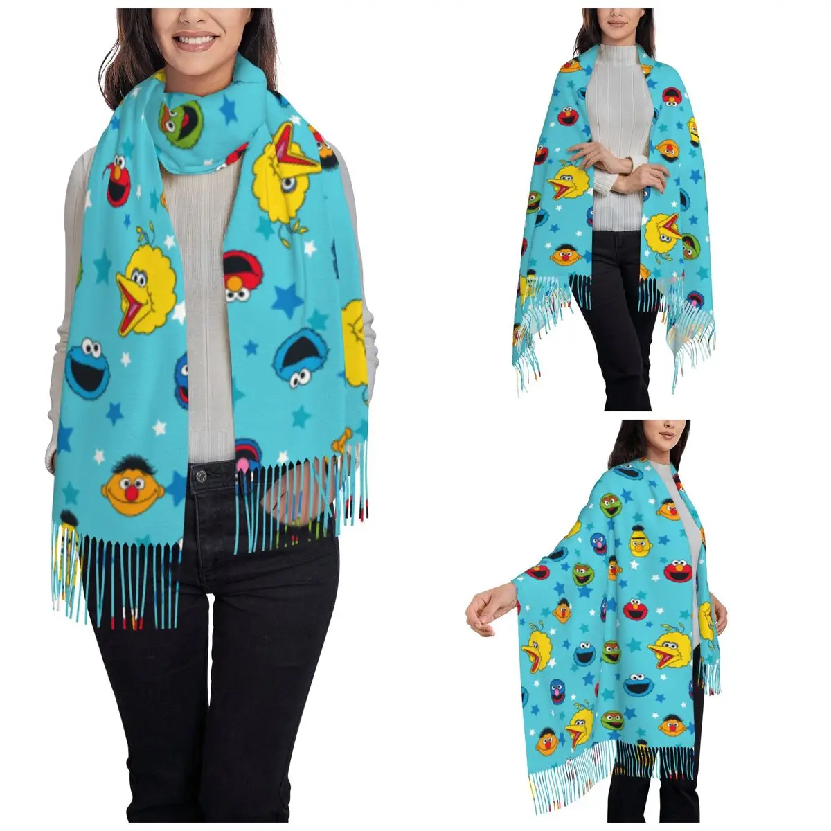 Womens Tassel Scarf Sesame Street Best Friends Star Large Winter Fall Shawl and Wrap Cookie Monster Cartoon Pashmina Scarves