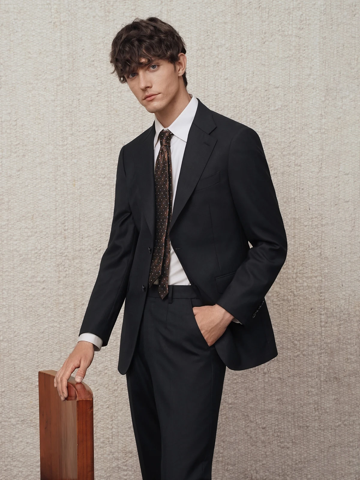 Men's Premium Black 100% Wool Suit Lightweight 2 Piece Blazer Set for Spring Summer Formal Business Tuxedo for Wedding Office